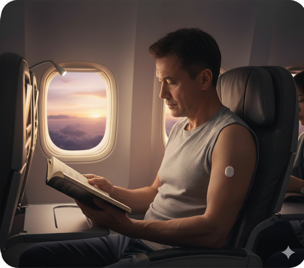 Man reading a book on an airplane with a sunset view outside the window.