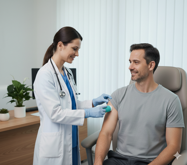 Doctor placing sibionics CGM on a patient in a medical setting.