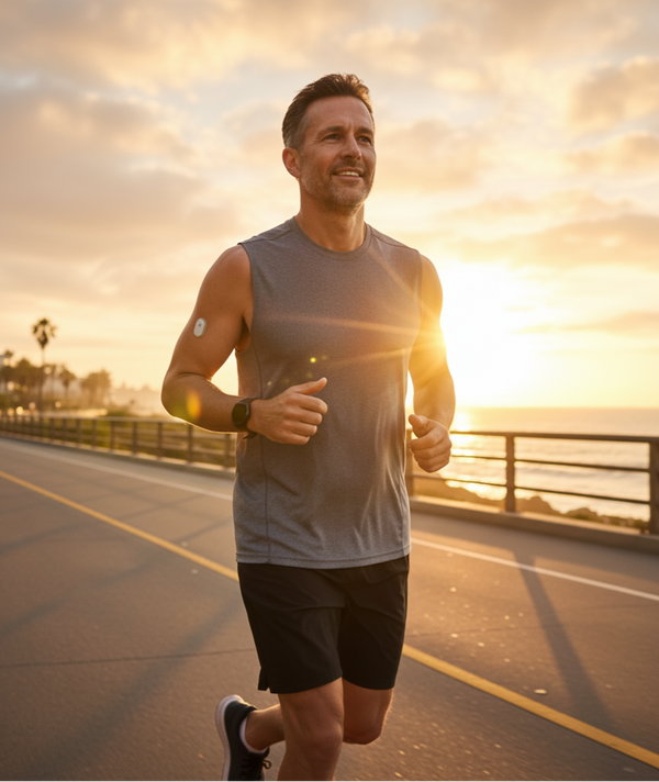 Man running on a road during sunset with palm trees in the background